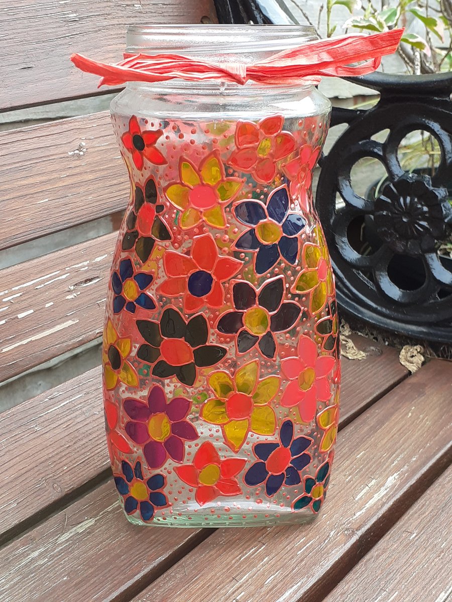 SECONDS SUNDAY Glass vase painted with flowers