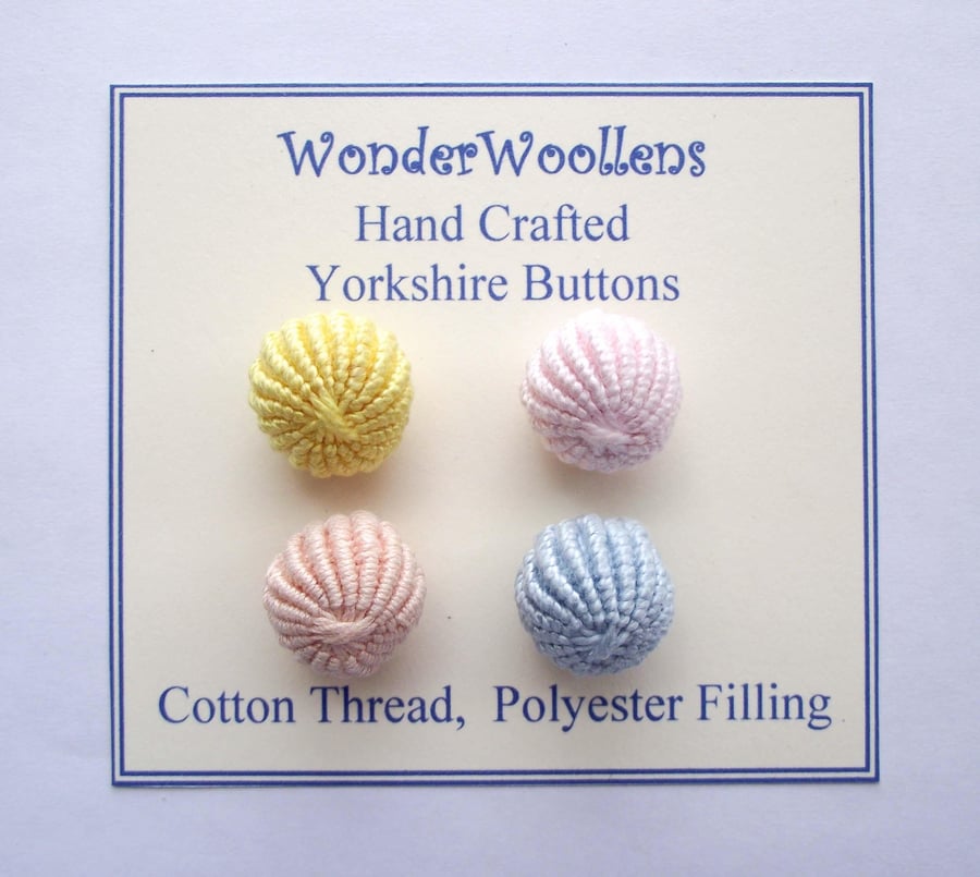 Yorkshire Buttons, Embellishments, Hand Crafted with Cotton Thread, Four Pastel