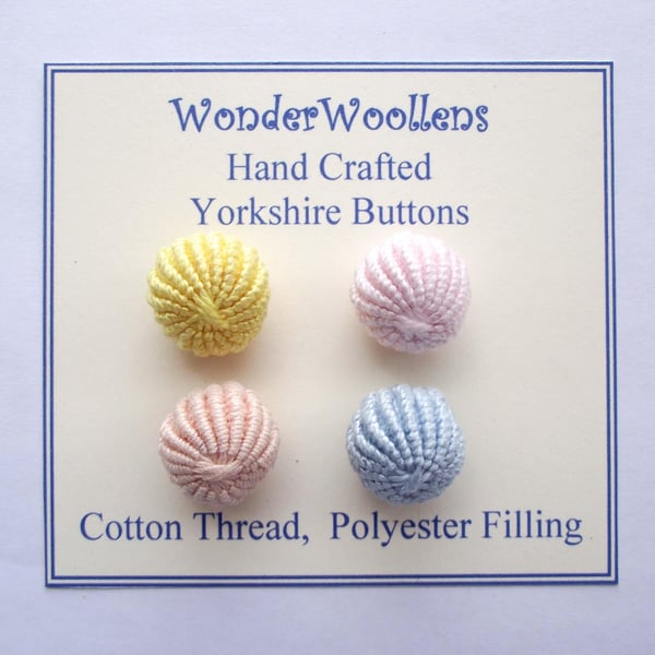 Yorkshire Buttons, Embellishments, Hand Crafted with Cotton Thread, Four Pastel