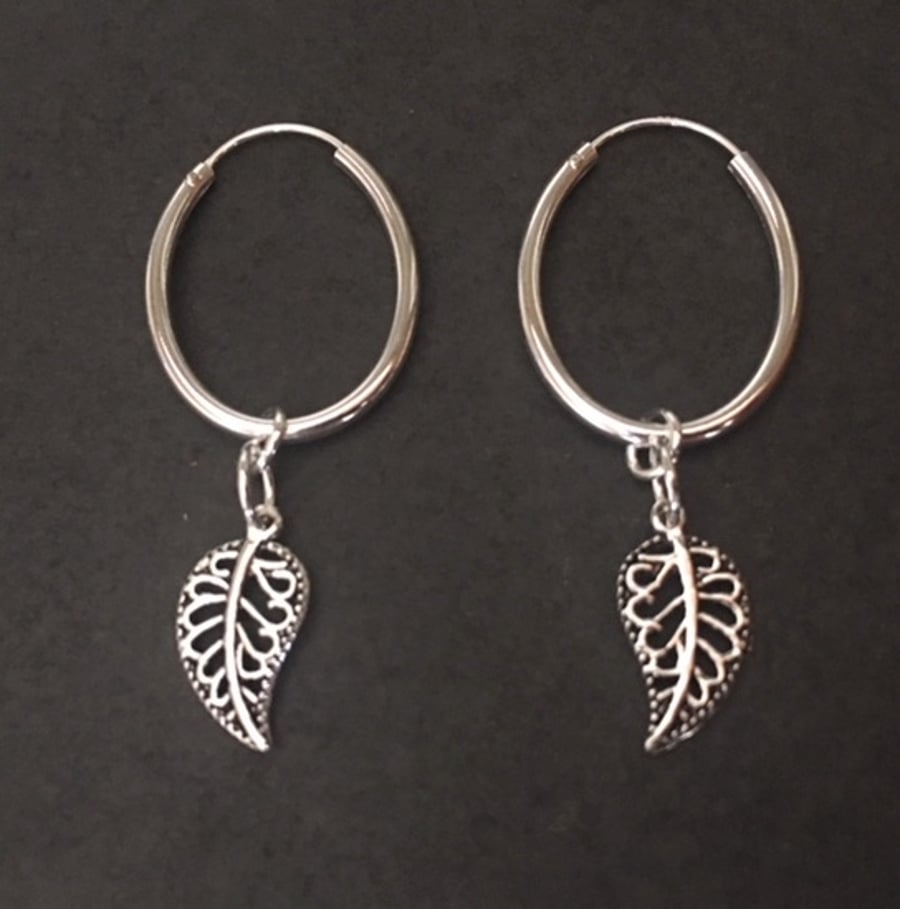 Sterling Silver Hoop Earrings with Leaf Charm Dangles