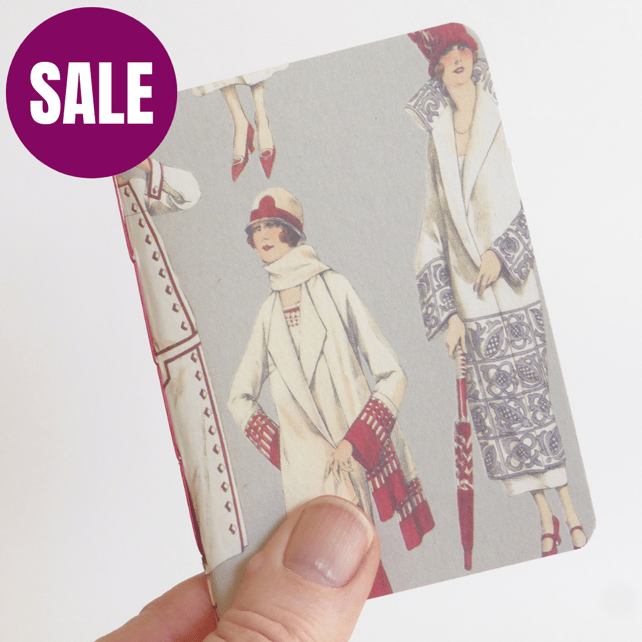 Small hand bound A7 notebook or sketchbook with 1920s fashion patterned cover