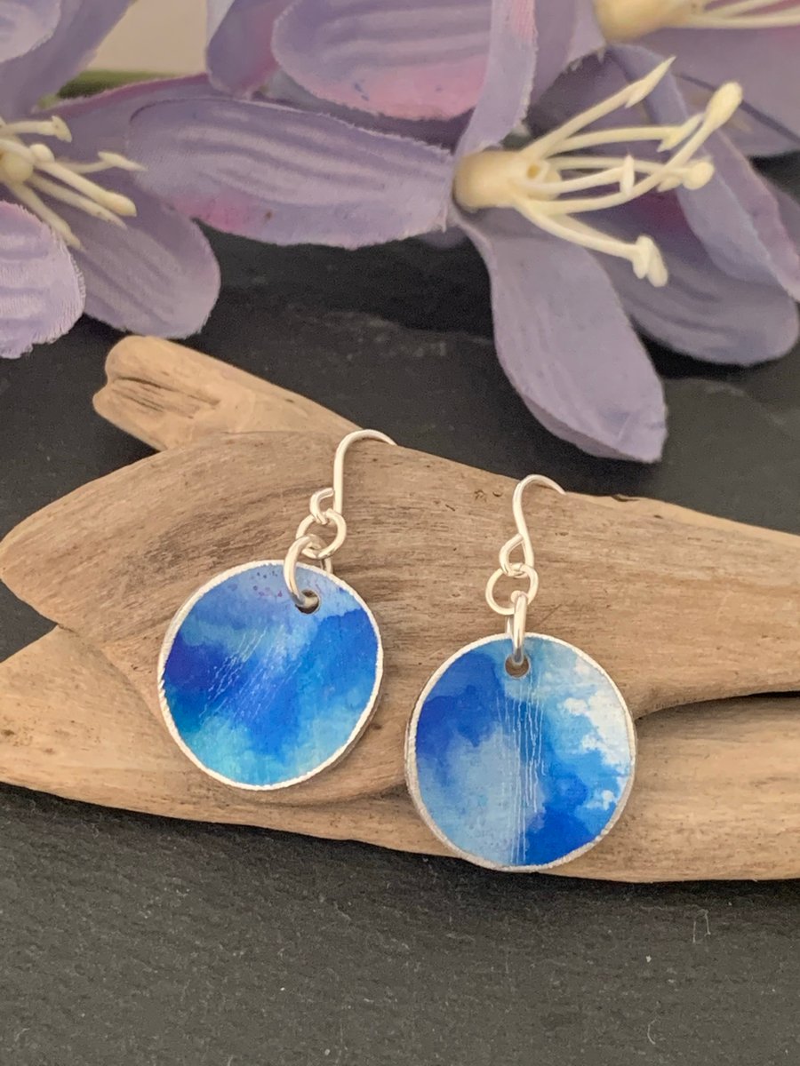 Water colour collection - hand painted aluminium earrings sky and blue