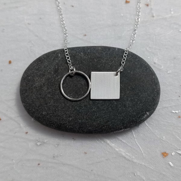 Recycled sterling silver circle & square necklace - handmade geometric jewellery