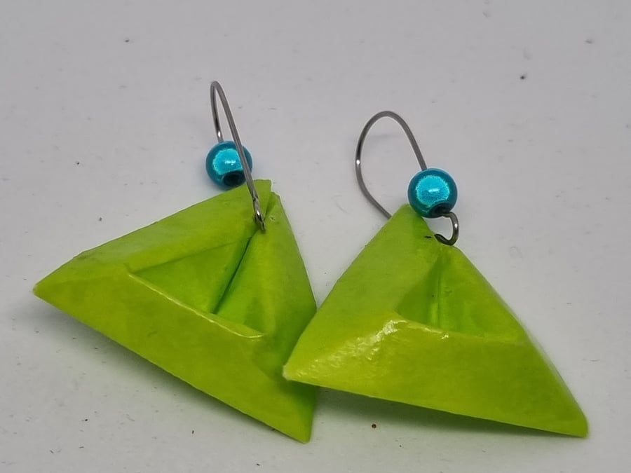 Geometric green paper triangle earrings