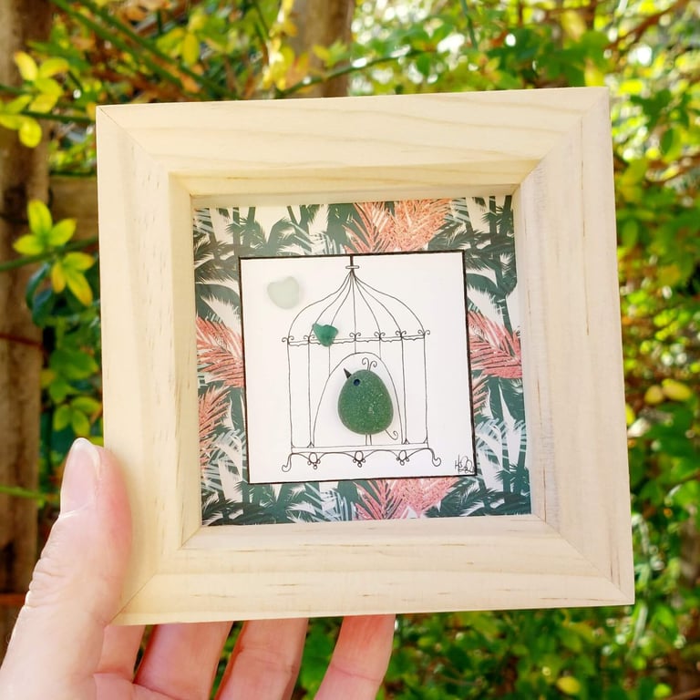 Sea Glass Bird in a Cage Picture - framed sea glass artwork, gift for a friend