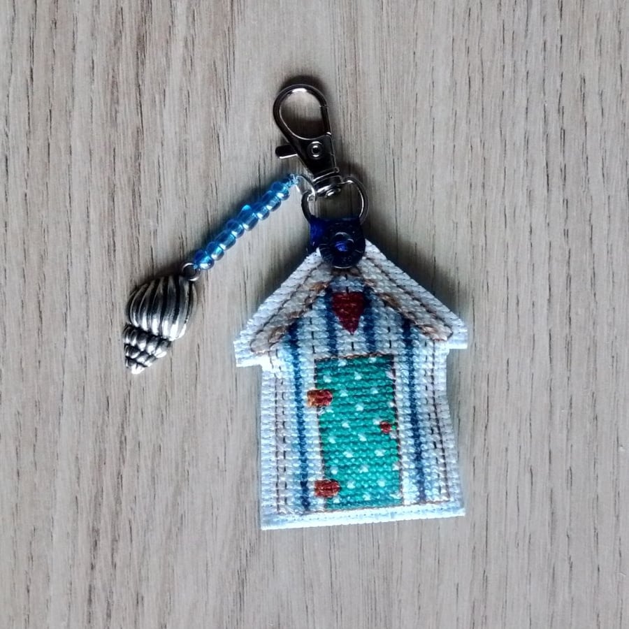 Beach Hut Keyring, Seaside Key Chain, Bag Charm - Blue Stripes