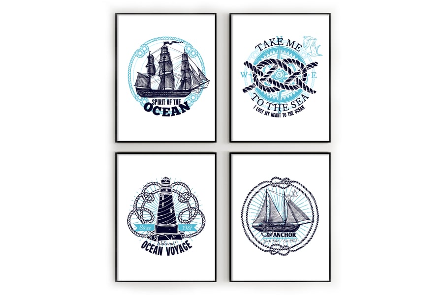 Marine emblems prints, Nautical wall decor, Bathroom wall art