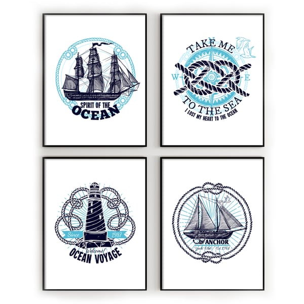 Marine emblems prints, Nautical wall decor, Bathroom wall art