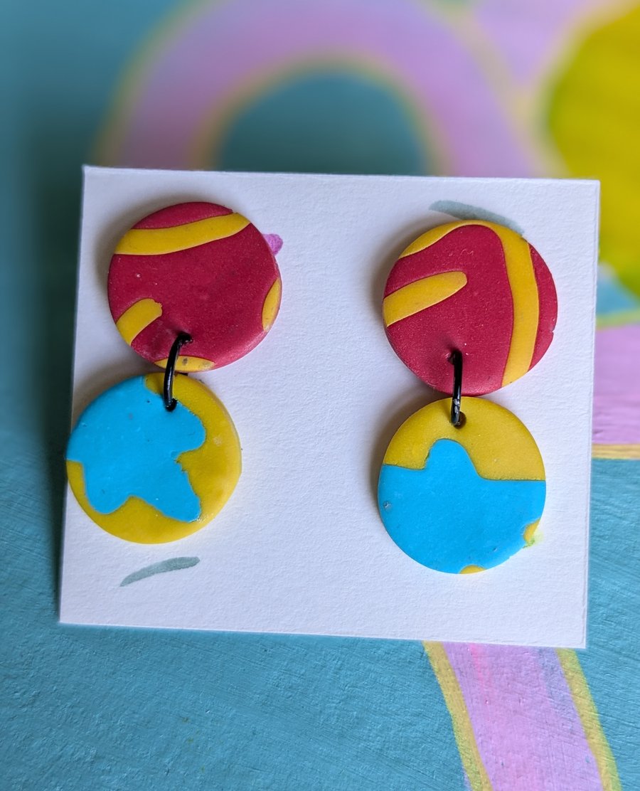 Lightweight dangly earrings, bright yellow, red and blue, polymer clay earrings