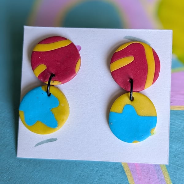 Lightweight dangly earrings, bright yellow, red and blue, polymer clay earrings