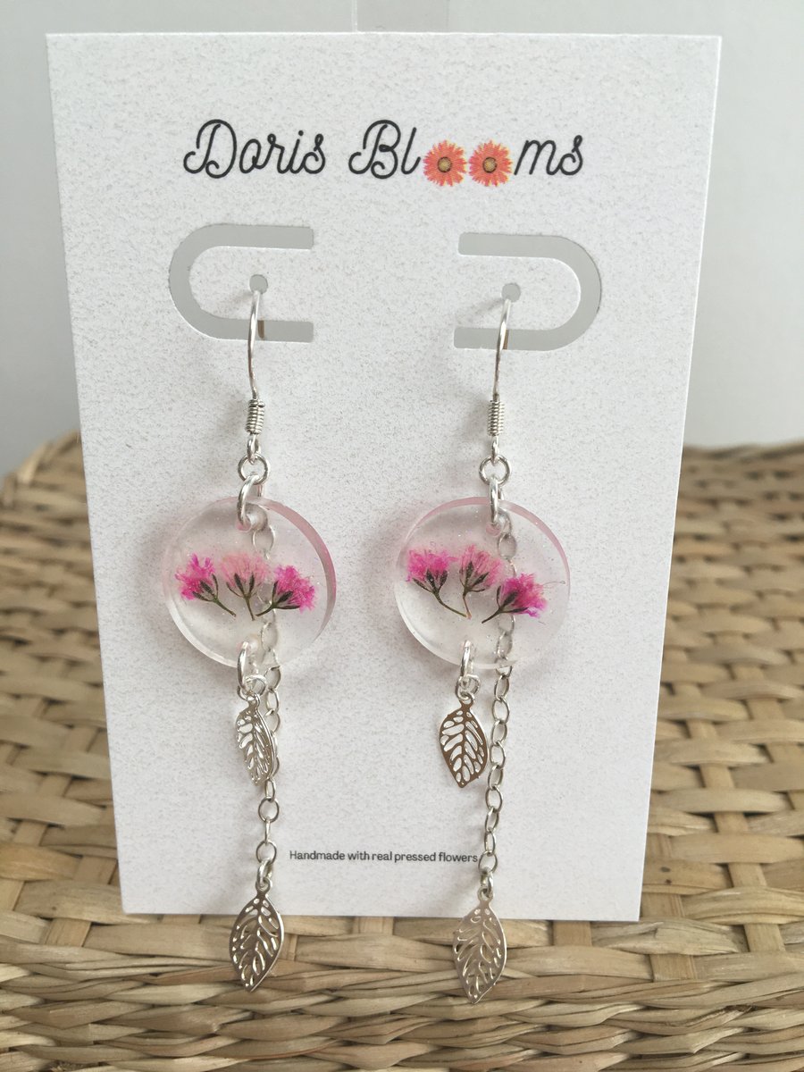 Pink flower resin leaf charm earrings