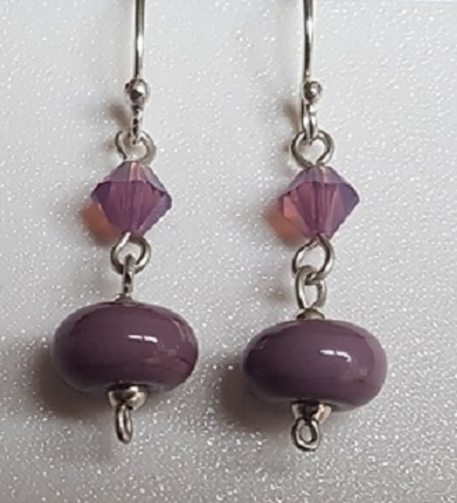 Mauve Glass Beads with Swarovski Crystal and Silver Drop Earrings.