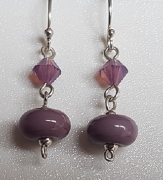 Mauve Glass Beads with Swarovski Crystal and Silver Drop Earrings.