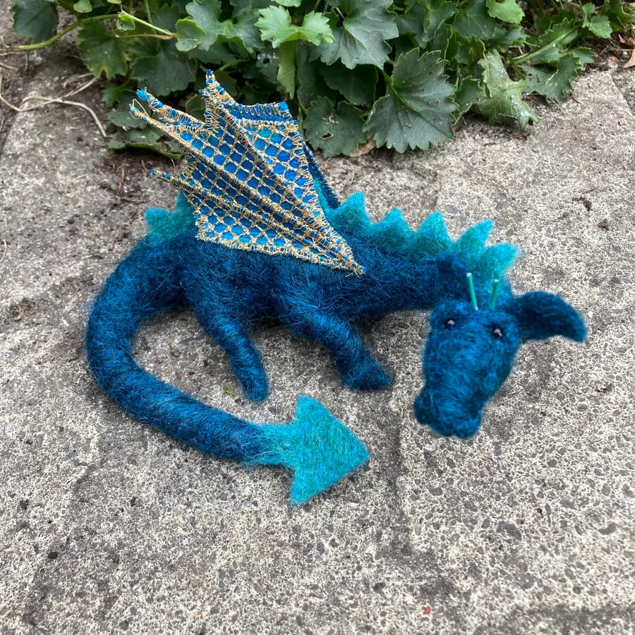 Small needle felted blue dragon