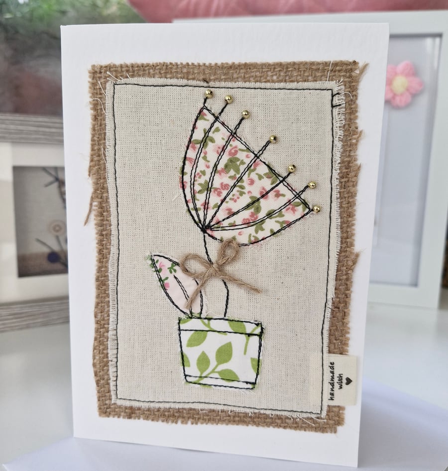 Flower in Pot Easter Holidays Birthday Card Free Motion Embroidery Textile Art 