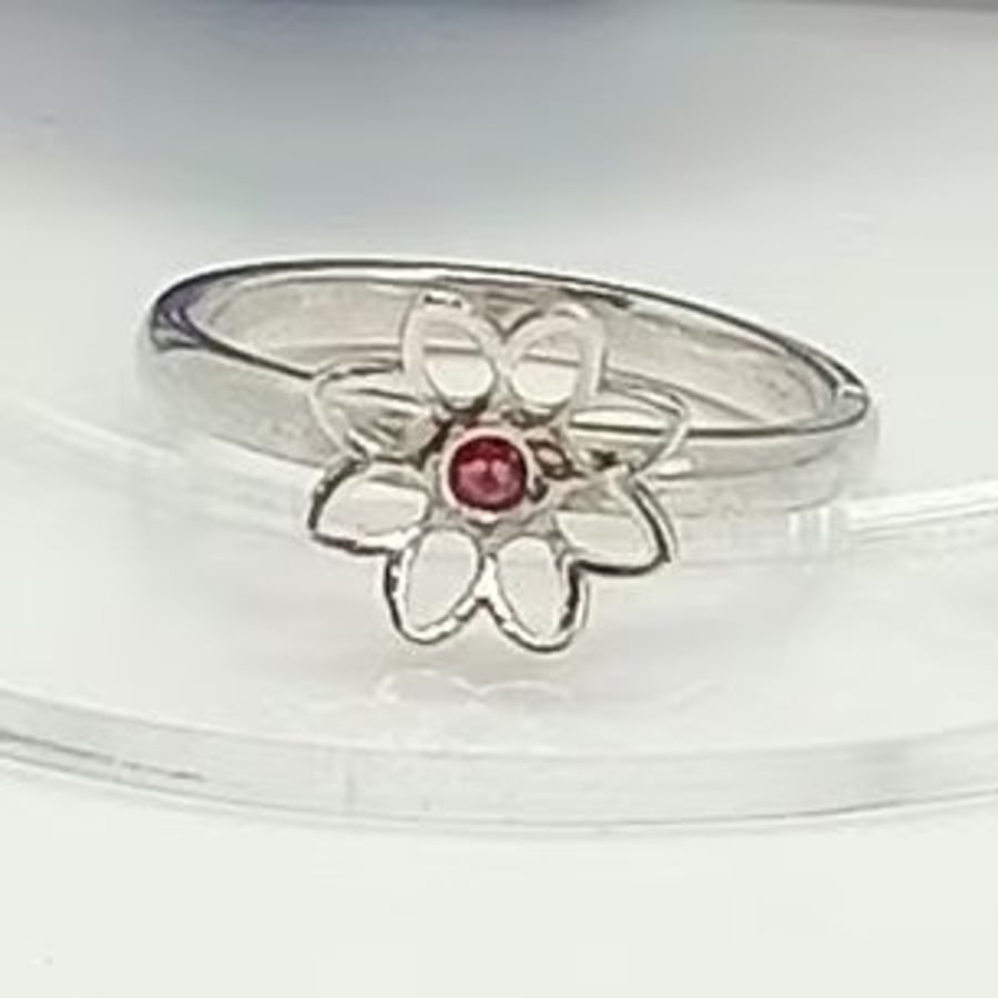 Ruby Ring Sterling silver flower ring size M Hallmarked