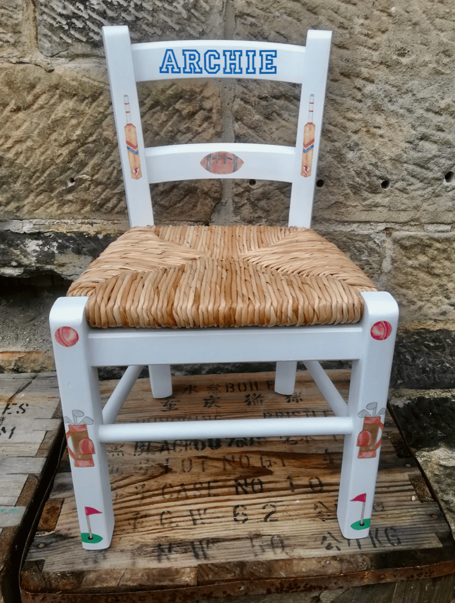 Rush seat personalised child's chair - Sport fan theme - made to order