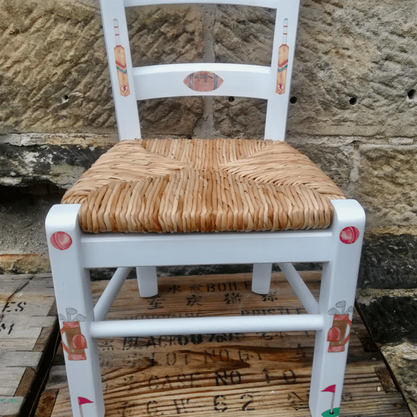 Rush seat personalised child's chair - Sport fan theme - made to order