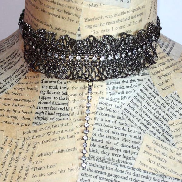 SALE Black Diamonte Frill Choker Necklace