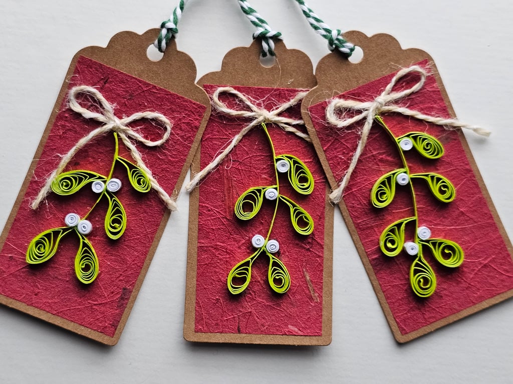 Unique Handmade Quilled Mistletoe Gift Tags, Present Toppers Pack of 3