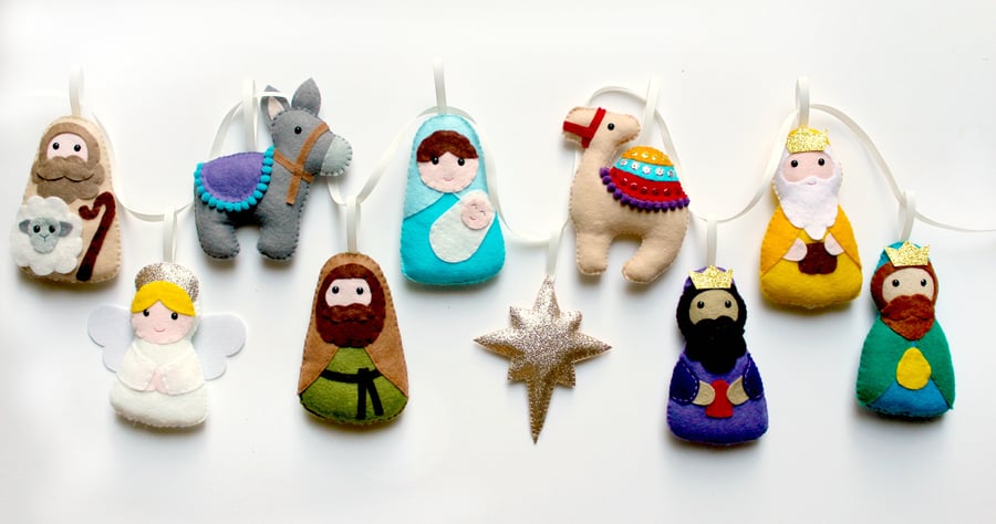 Felt Nativity Garland. Handmade set of 10 felt decorations.
