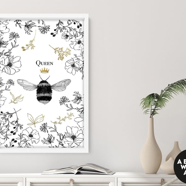 Queen Bee Circle of Life Wall Art, Bees, Butterflies and Flowers in a Botanical 