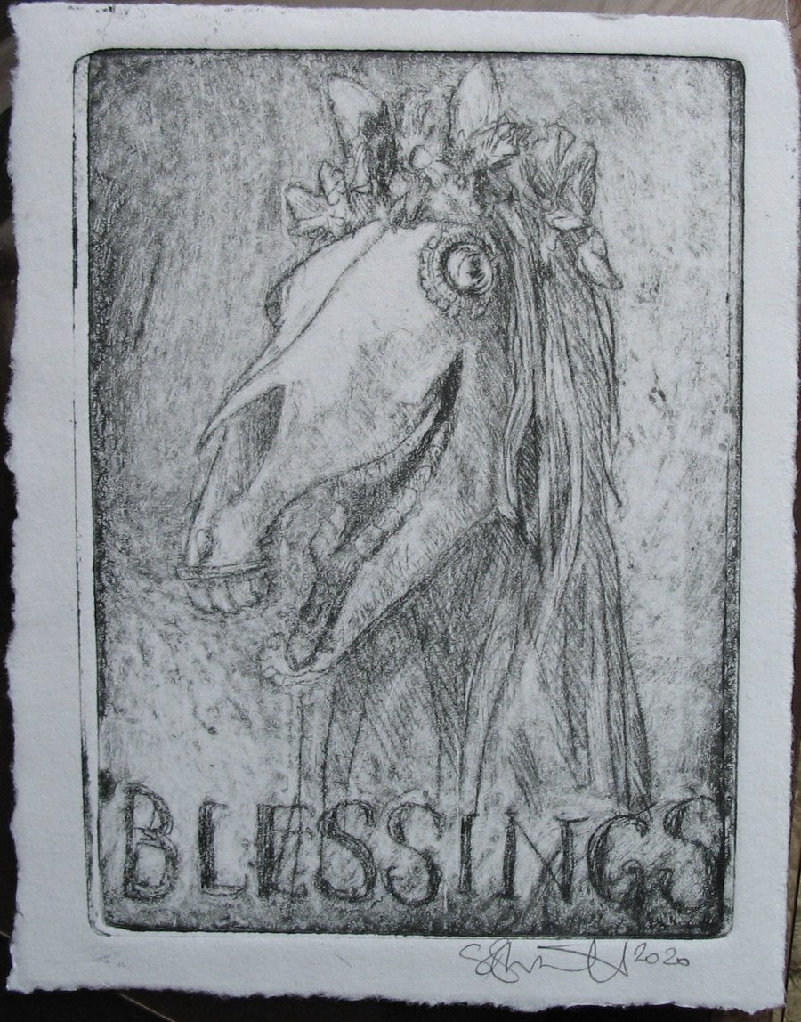 Mari Lwyd original drypoint etching 