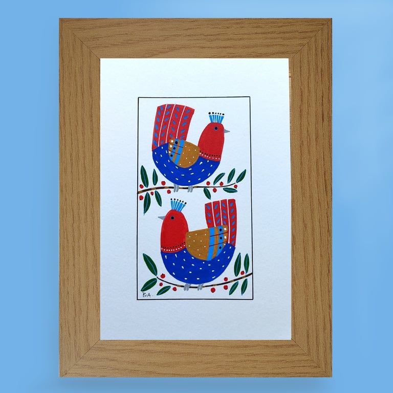 Original folk art bird painting,Framed A5 acrylic red and blue