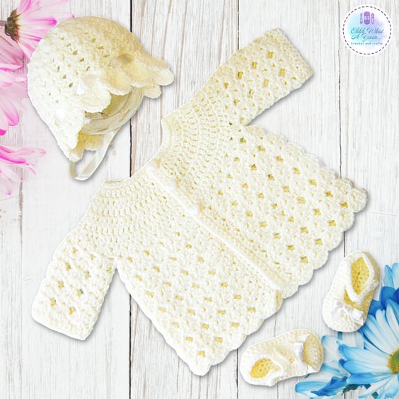 Crochet baby set, layette. Cream ,cardigan bonnet and shoes set, size newborn