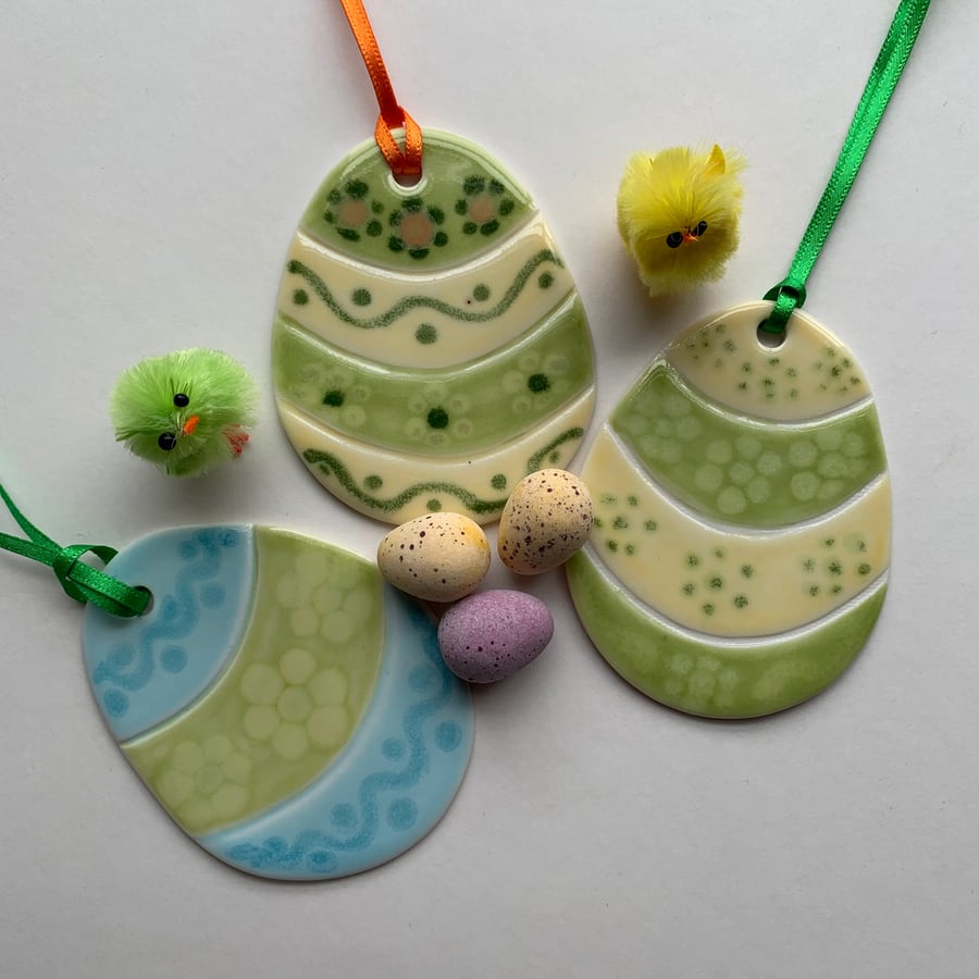 Small Easter Egg Porcelain Hanging Decoration - Greens, Yellows, Blues