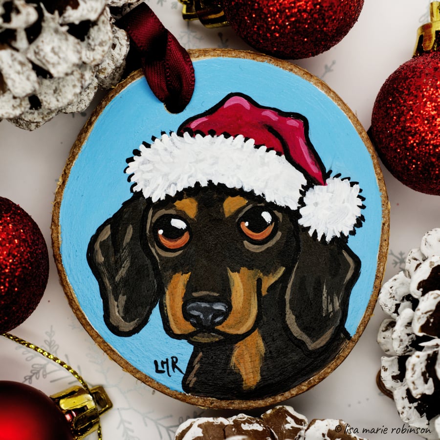 Sausage Dog Festive Dachshund - Hand Painted Wooden Christmas Tree Decoration