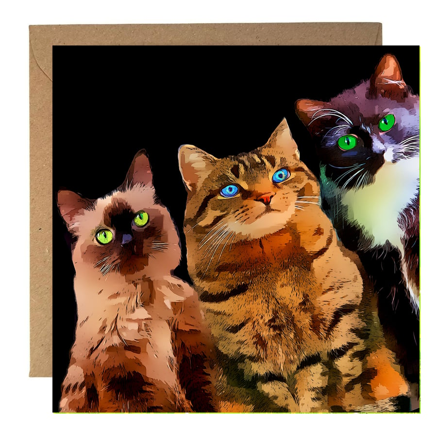 Unusual Birthday, Greeting Card, Three Cats Slanted against a Black Background
