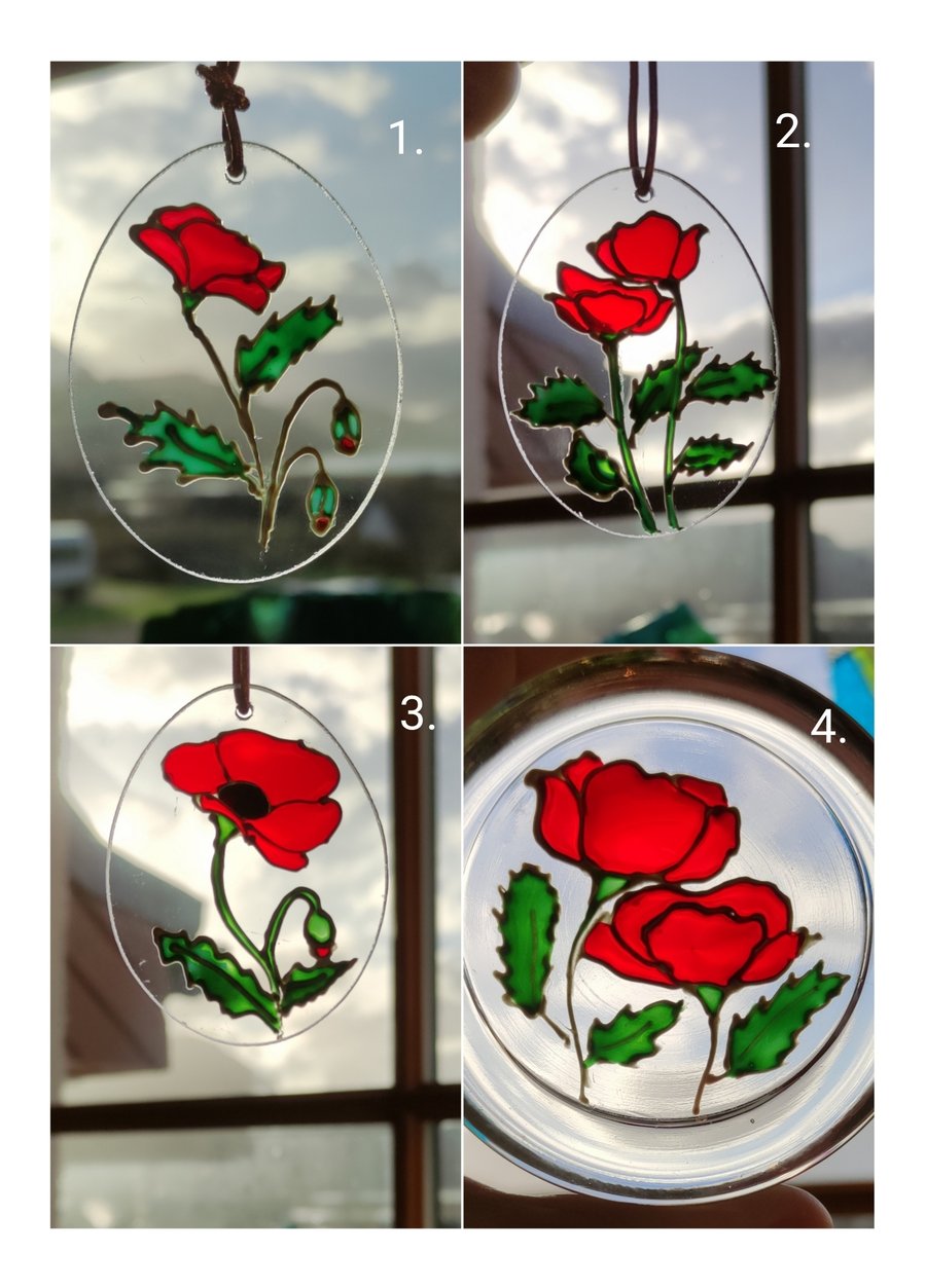 Red poppies for Poppy Scotland fund raising, window hanging, tree decoration