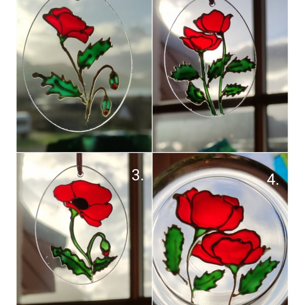 Red poppies for Poppy Scotland fund raising, window hanging, tree decoration