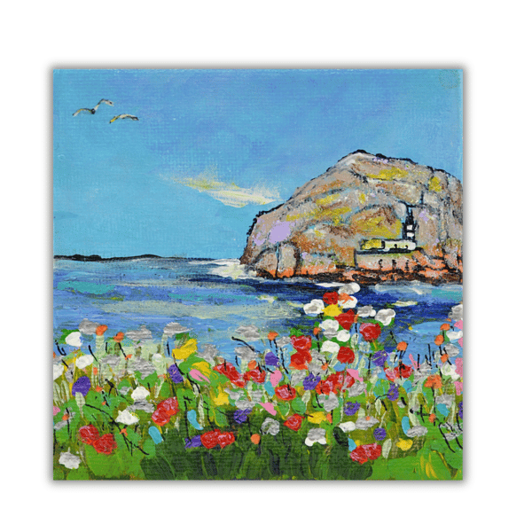 A framed acrylic painting of a Scottish coastline - Bass Rock.