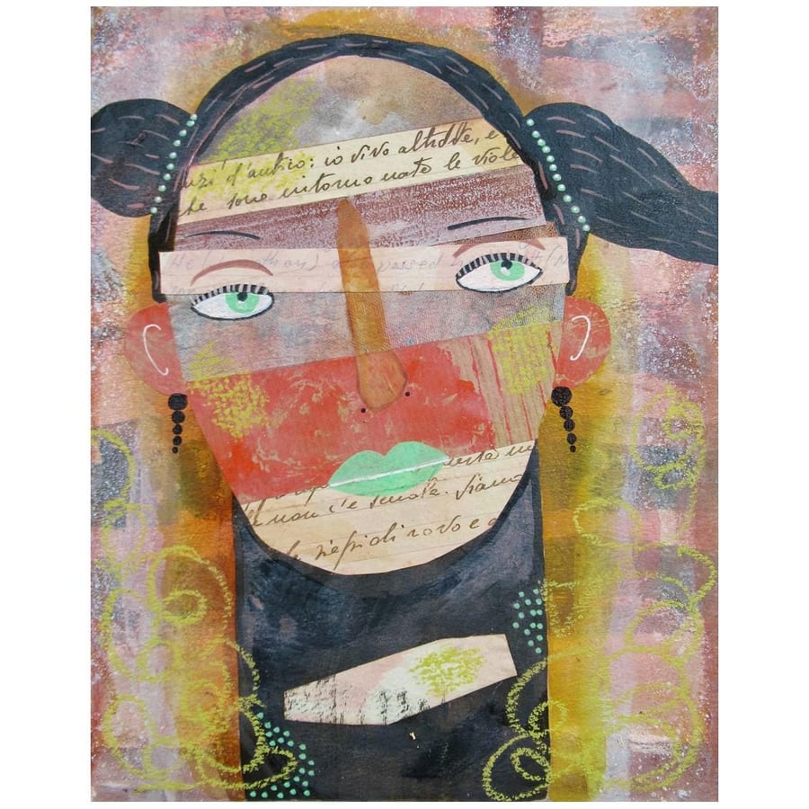 Female Portrait Collage Mixed Media Girl Face Painting Black Hair Pigtails