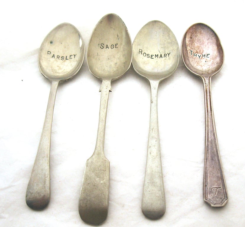 Teaspoon herb labels, parsley sage rosemary thyme, upcycled handstamped
