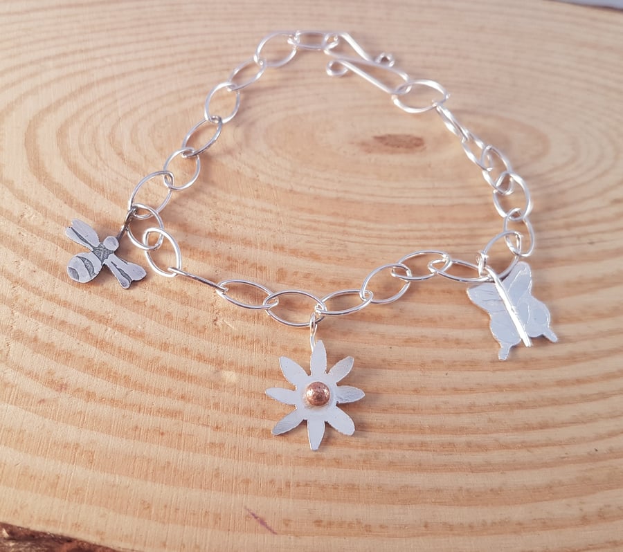 Sterling Silver Garden Bracelet With Bee, Flower and Butterfly