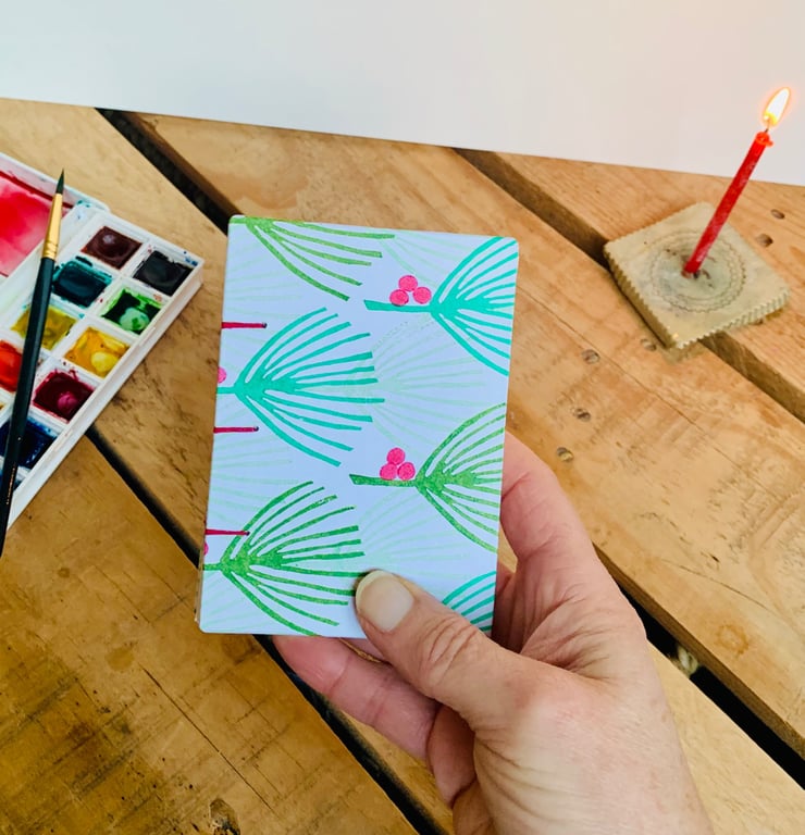 A7 Watercolour Pocket Sketchbook, Hand printed & Coptic Bound. Pine Needles.
