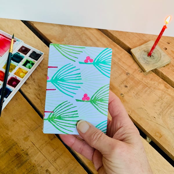 A7 Watercolour Pocket Sketchbook, Hand printed & Coptic Bound. Pine Needles.