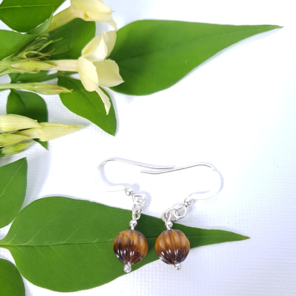 Fluted Tigers Eye Simple Drop Earrings Sterling Silver Autumnal Earrings