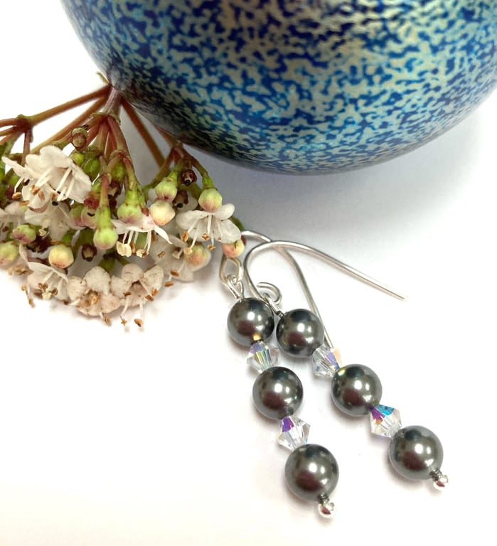 Sterling Silver Grey Swarovski Pearl and Cyrstal Earrings