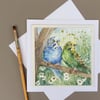 Original watercolour painted card of two budgies
