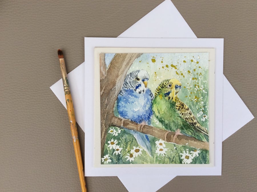 Original watercolour painted card of two budgies