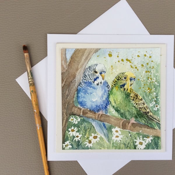 Original watercolour painted card of two budgies