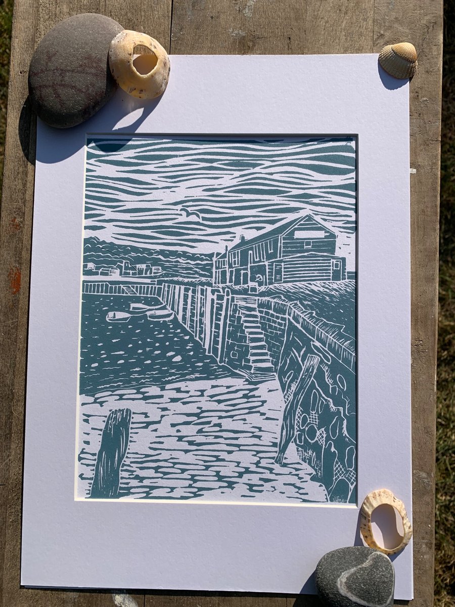 Original Lino print of the Cobb buildings at Lyme Regis
