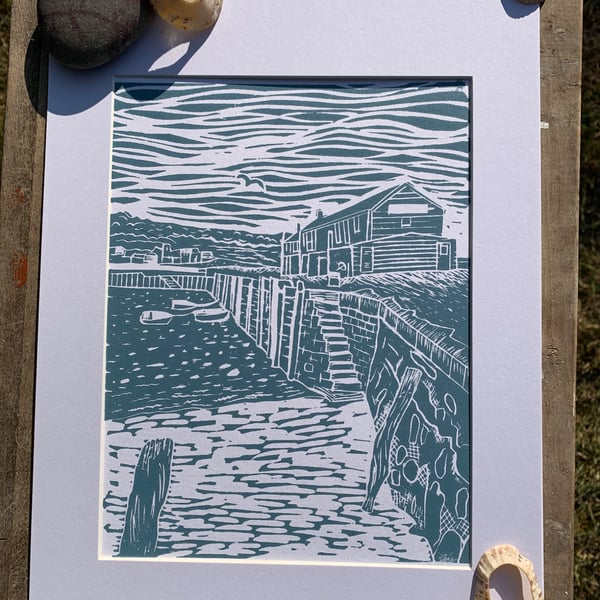 Original Lino print of the Cobb buildings at Lyme Regis
