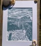 Original Lino print of the Cobb buildings at Lyme Regis