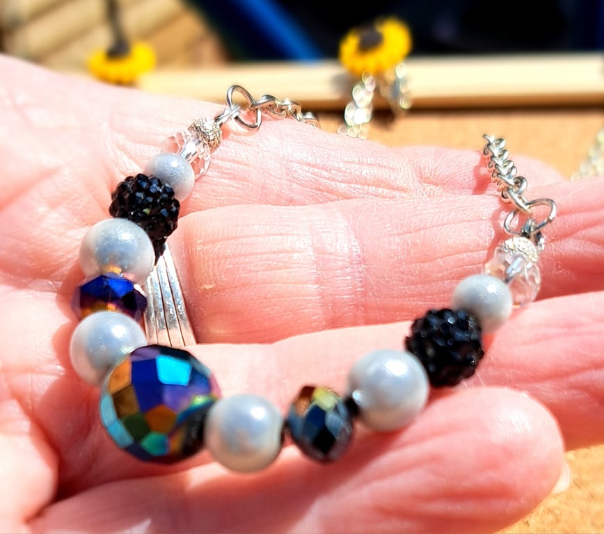 Sparkly beaded necklace, crystals with disco beads and spacers black, white