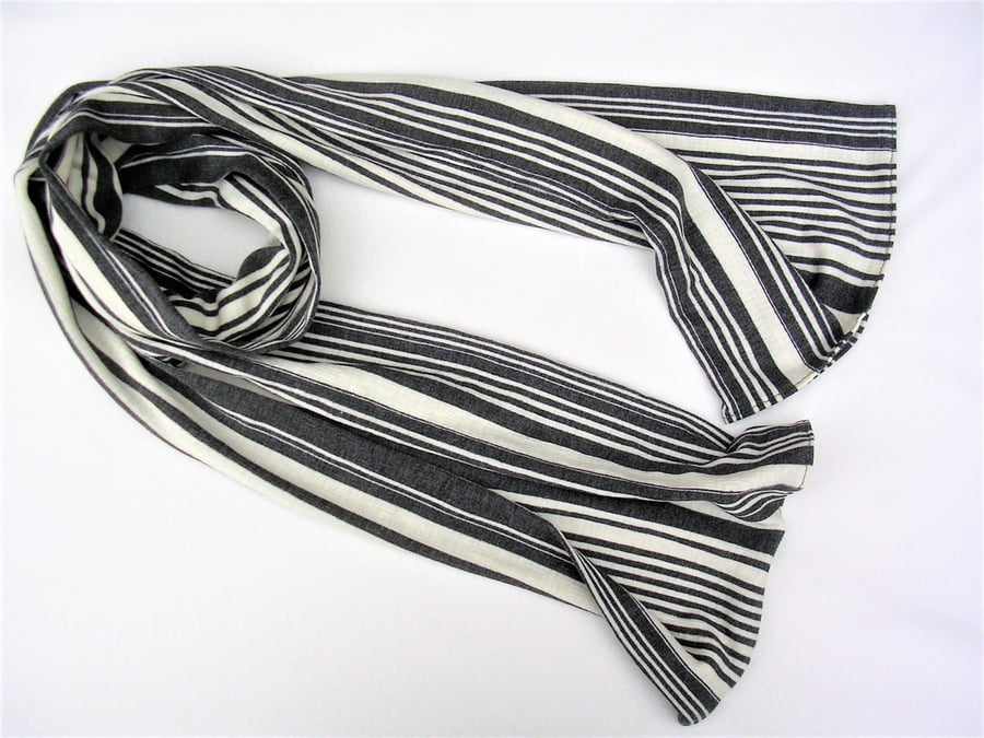 Mid Grey and Cream vertical striped viscose jersey loose hanging unisex Scarf  